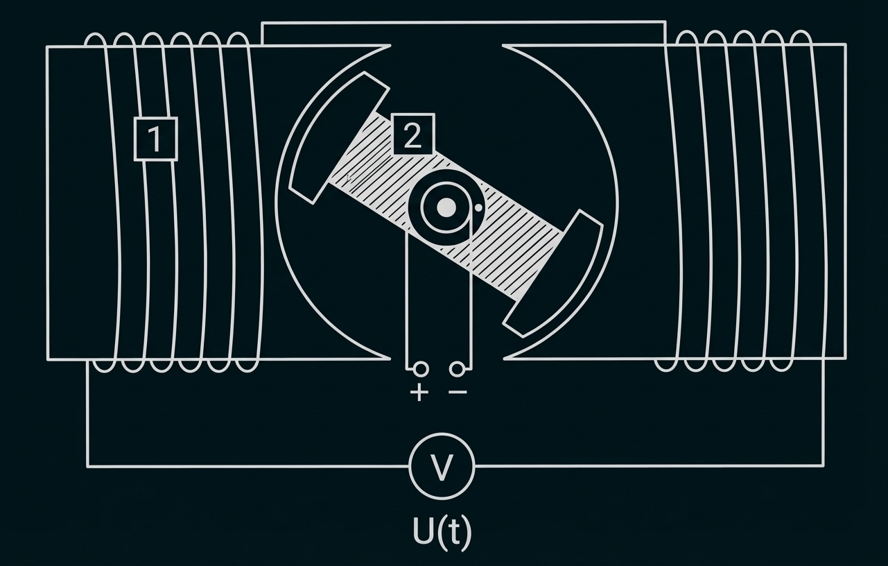 Schematische Zeichnung eines Generators mit zwei Spulen, rotierendem Anker/Kommutator und Voltmeter (U(t)).